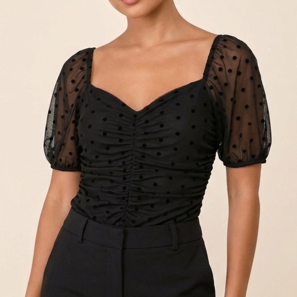 Lulus Black Mesh Sleeve Ruched Bodysuit